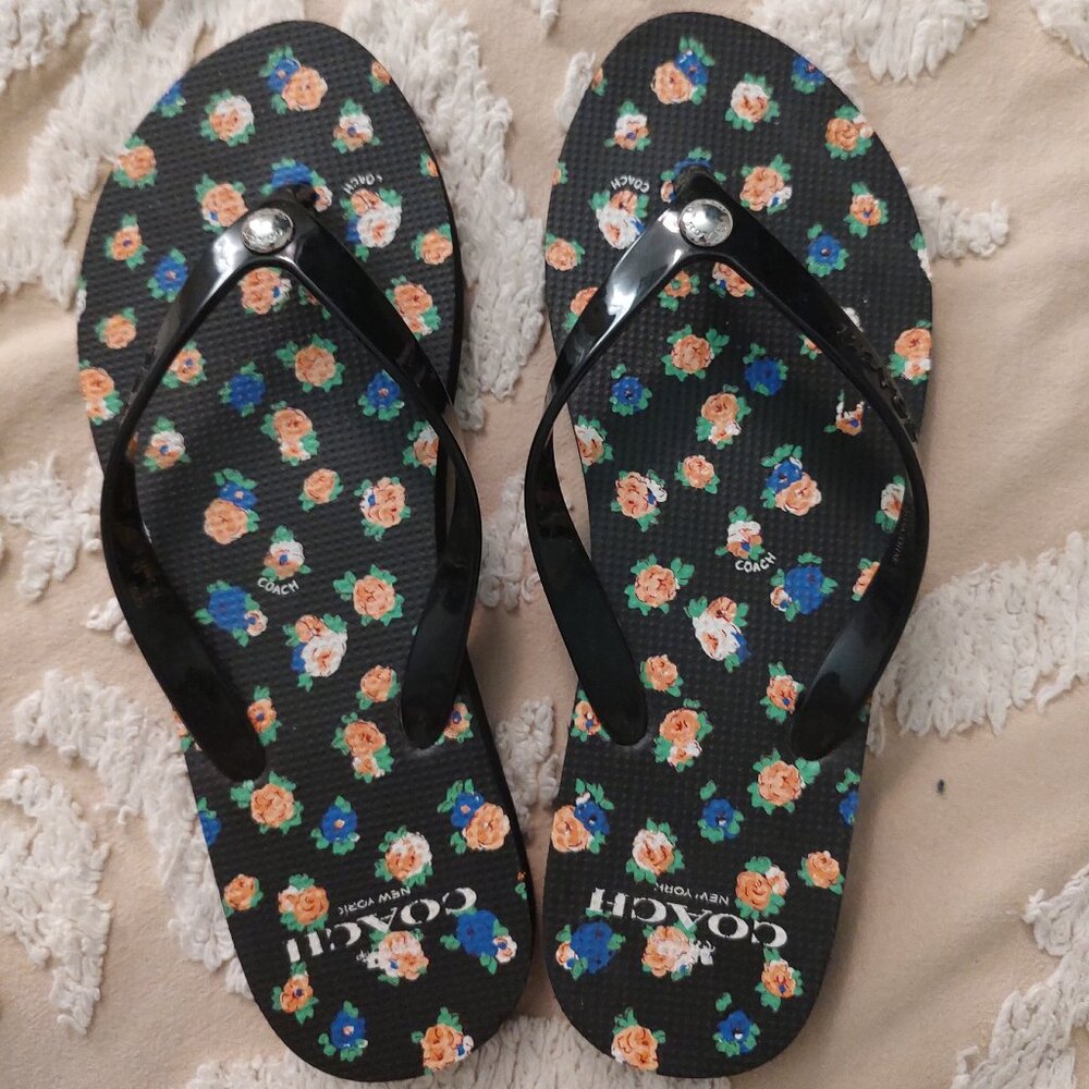 Coach beach sandals black with pink and blue flowers size 7